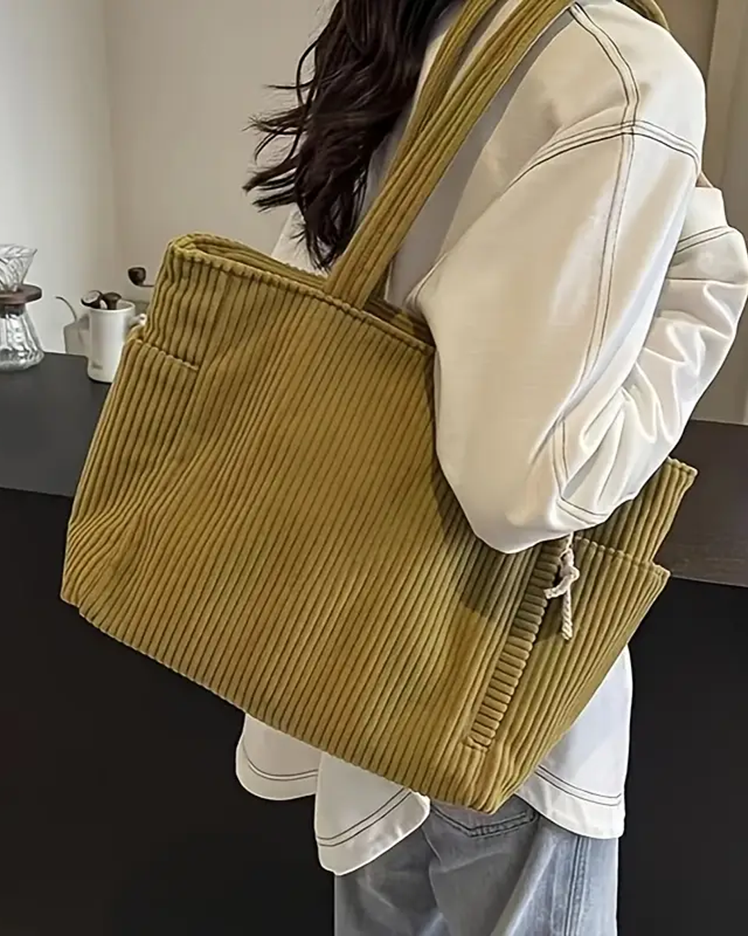 Women's Ribbed Tote Bag with Cord Detailing