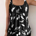 Women's Flattering Black & White Leaf Print Tankini Set - Chic &