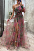 Women's Elegant pleated one-shoulder long dress with floral lace