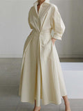 Women's Elegant Solid Midi Dress with Notched Collar and Pockets