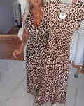 Women's Chic Leopard Print V-Neck Dress – Elegant & Flattering