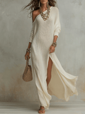 Women's Bohemian One-Shoulder Textured Maxi Dress in Soft Ivory –