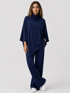 Two-Piece Set : Alyris Women's Two-Piece Poncho Set – Cowl Neck Top & Straight-Leg Pants in Navy van DUUWE