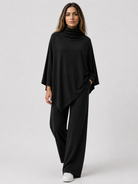 Two-Piece Set : Alyris Women's Two-Piece Poncho Set – Cowl Neck Top & Straight-Leg Pants in Black van DUUWE