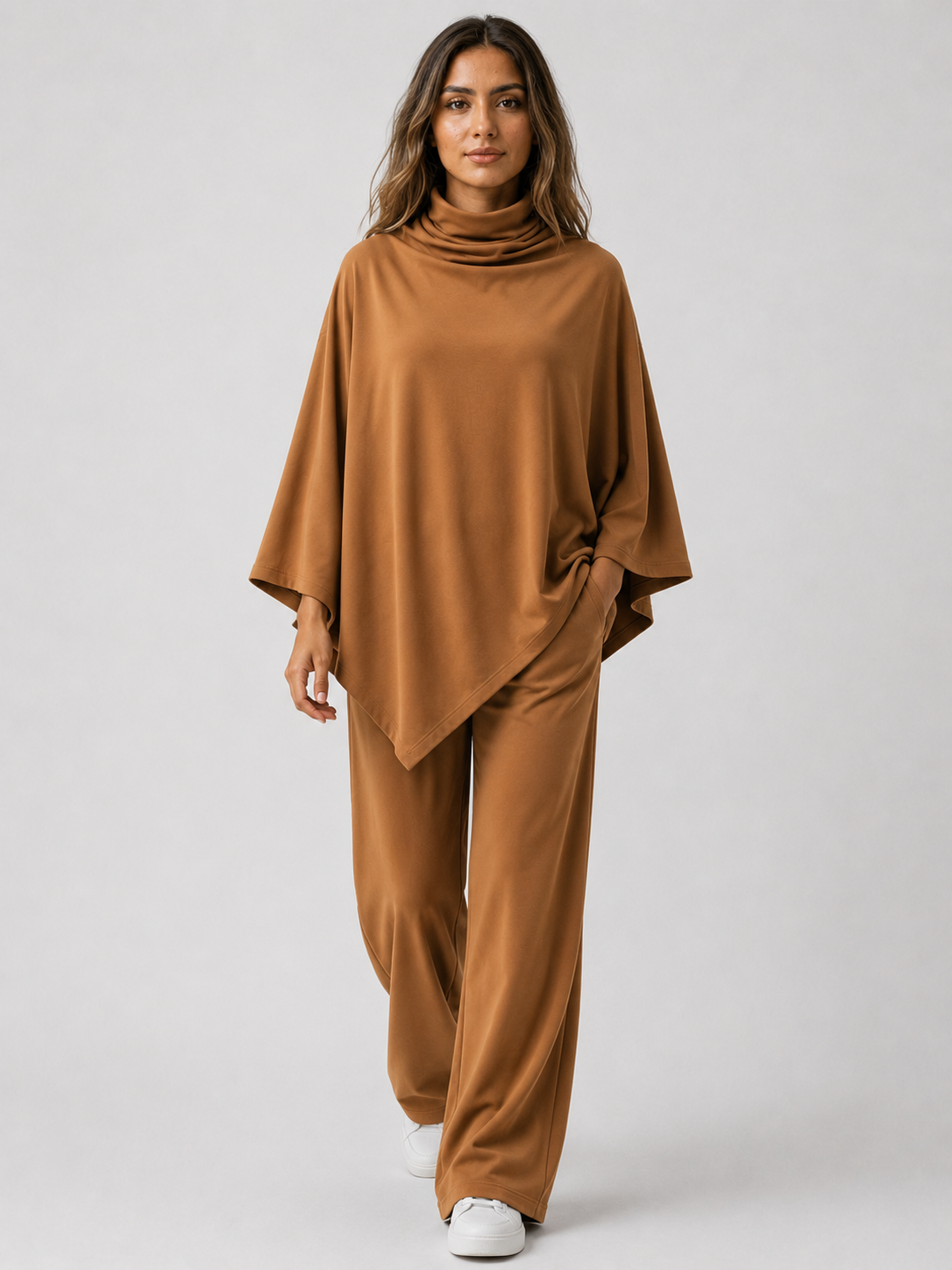 Two-Piece Set : Alyris Women's Two-Piece Poncho Set – Cowl Neck Top & Straight-Leg Pants in Khaki van DUUWE