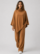 Two-Piece Set : Alyris Women's Two-Piece Poncho Set – Cowl Neck Top & Straight-Leg Pants in Khaki van DUUWE