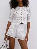Women's Embroidered Multi-Button Shorts Set - Chic Button-Front Detail