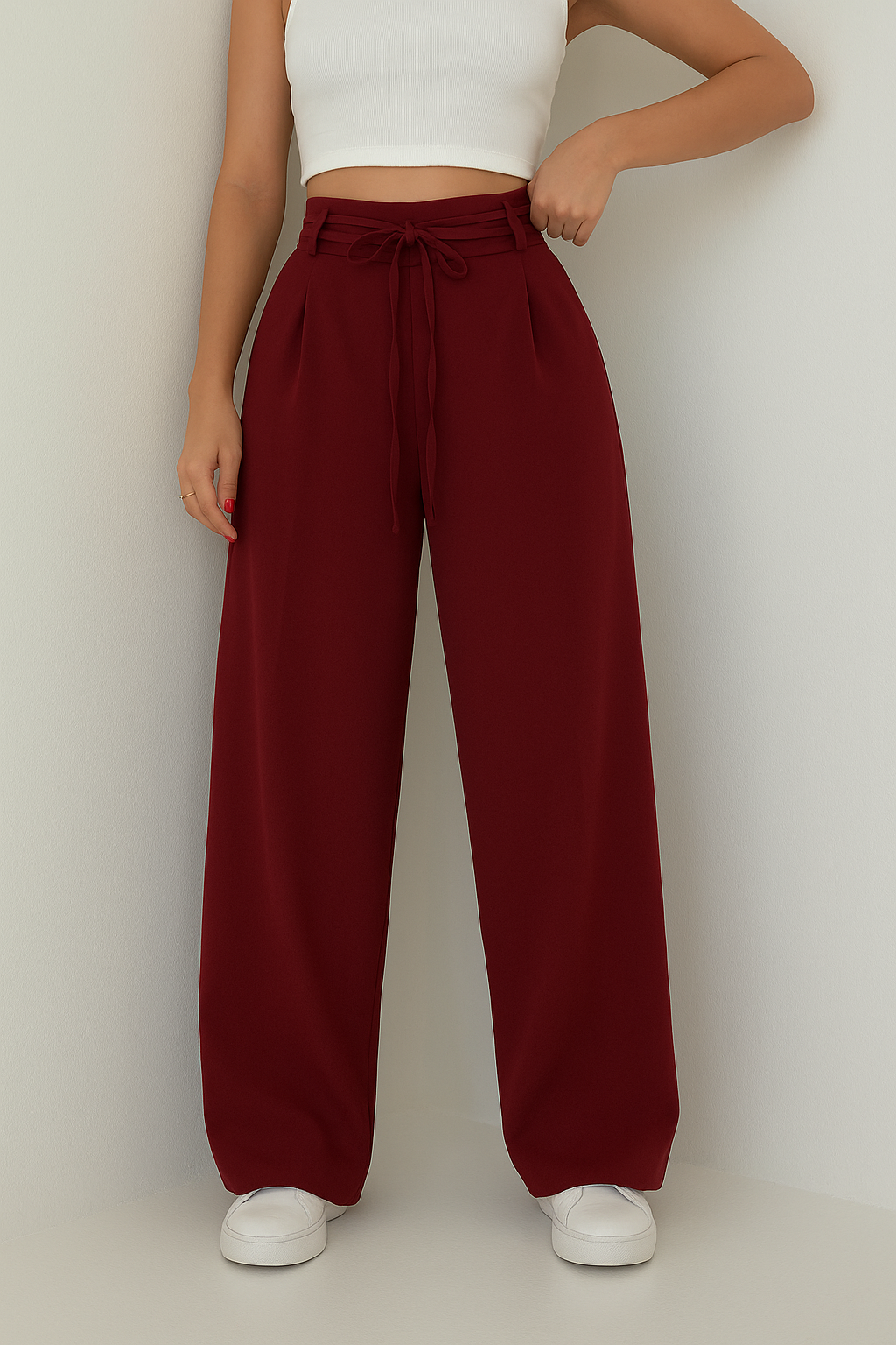 Chic High-Waist Palazzo Pants with Tie Belt – Effortless Elegance and Comfort
