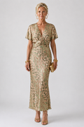 Lina & Emma™ | Abstract Print V Neck Twist Waist Midi Dress