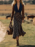 Women's Chic Western Maxi Dress with Plaid Pattern and Belt (Belt