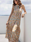 Women's Elegant Satin Maxi Dress with Marine Treasure Pattern