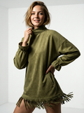 Women's Olive Green Suede Midi Dress with Turtleneck and Elegant