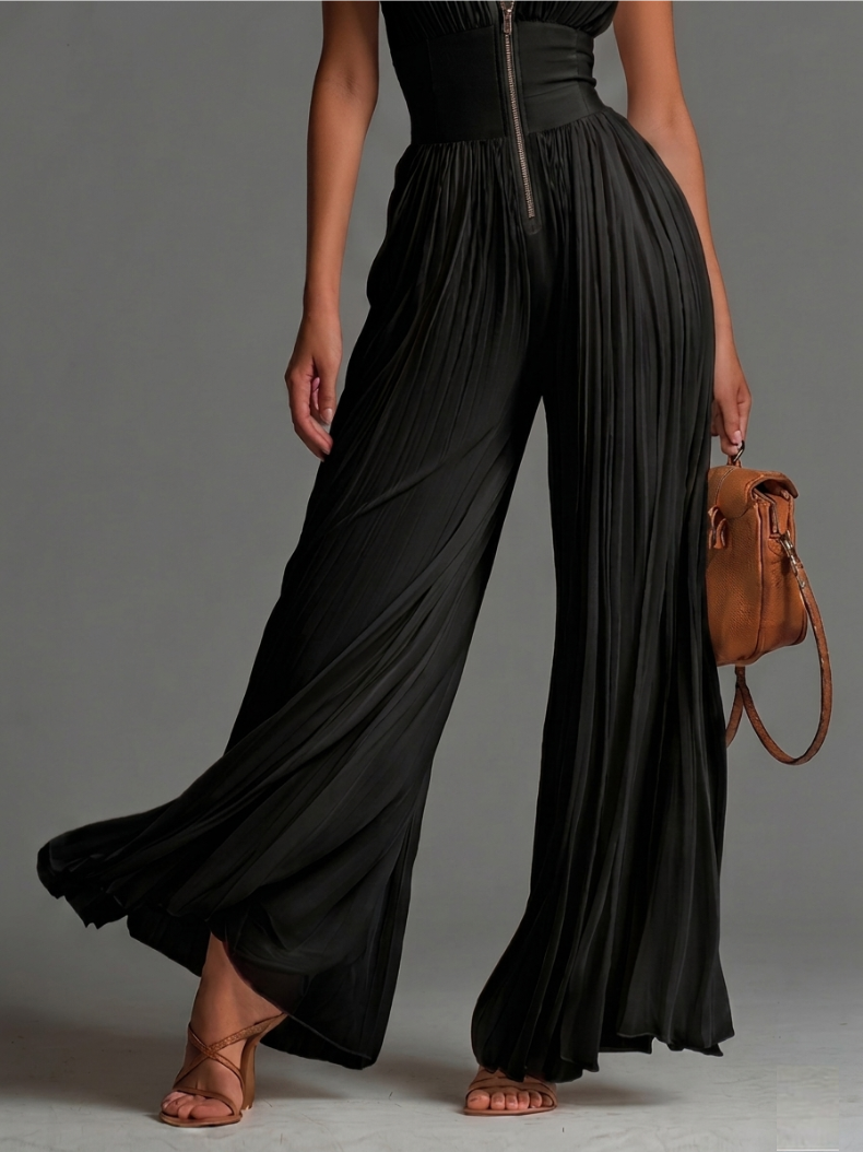 : Zsófia Jumpsuit - Black Pleated Chiffon in van Cow Clothing