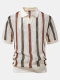 Men's Striped Crochet V-Neck Polo Shirt