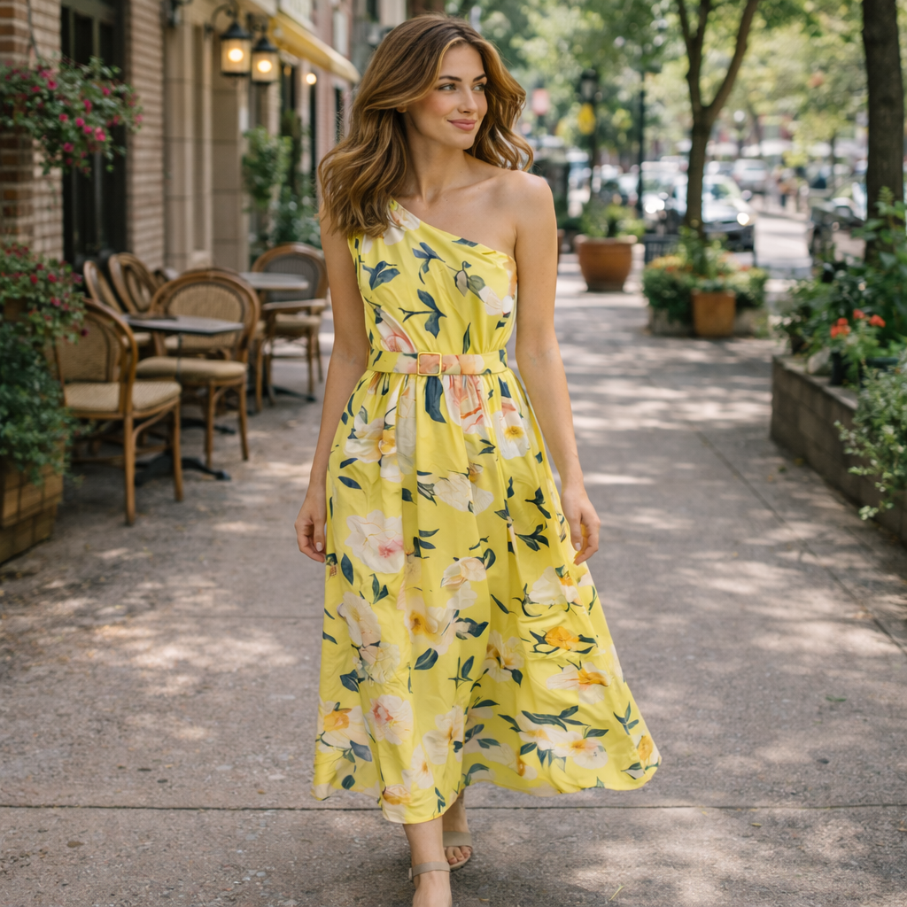Elegant Light Green Floral One-Shoulder Ruched A-Line Maxi Dress in Chiffon
