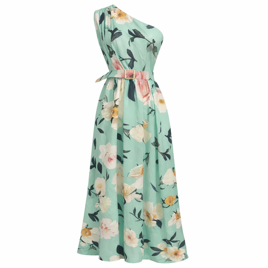 Elegant Light Green Floral One-Shoulder Ruched A-Line Maxi Dress in Chiffon
