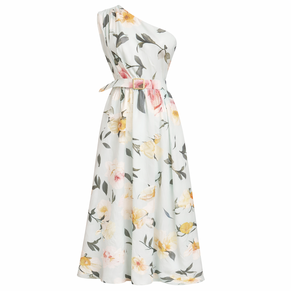 Elegant Light Green Floral One-Shoulder Ruched A-Line Maxi Dress in Chiffon
