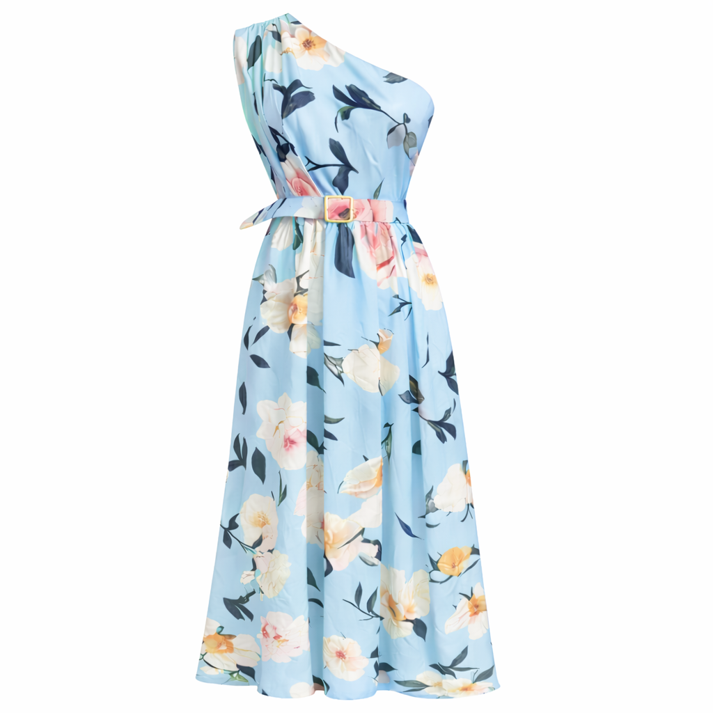 Elegant Light Green Floral One-Shoulder Ruched A-Line Maxi Dress in Chiffon
