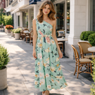 Elegant Light Green Floral One-Shoulder Ruched A-Line Maxi Dress in Chiffon
