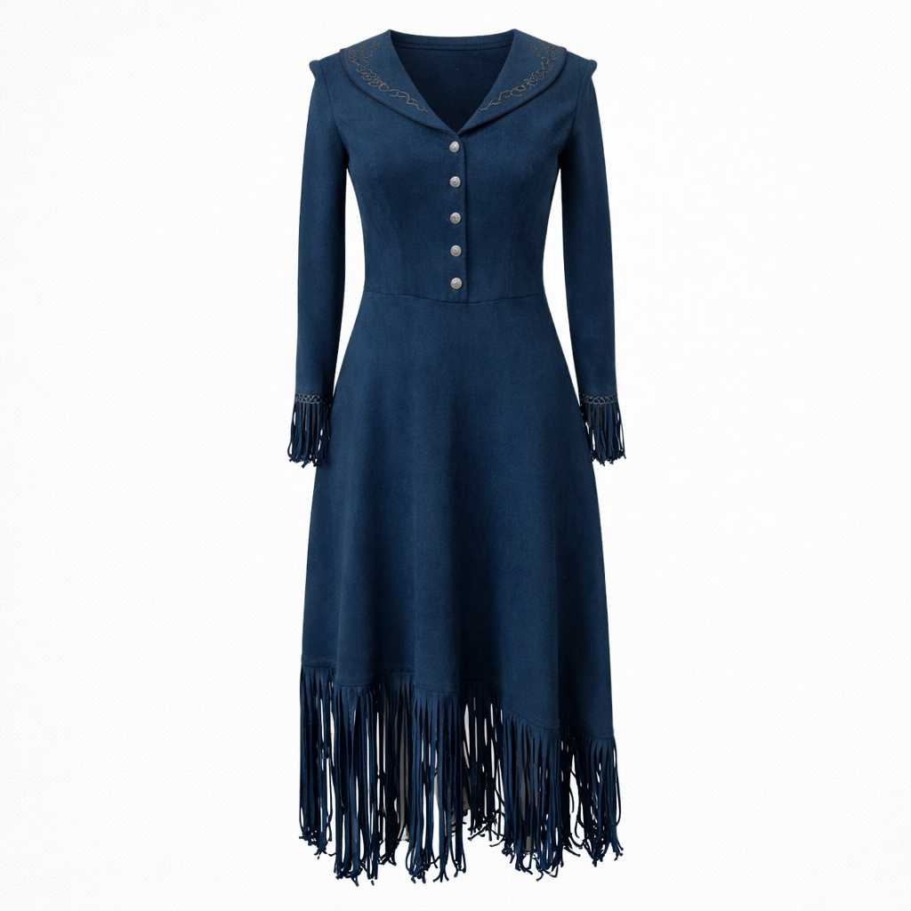 Elegant Retro Embroidered Maxi Dress with Tassels and Belt