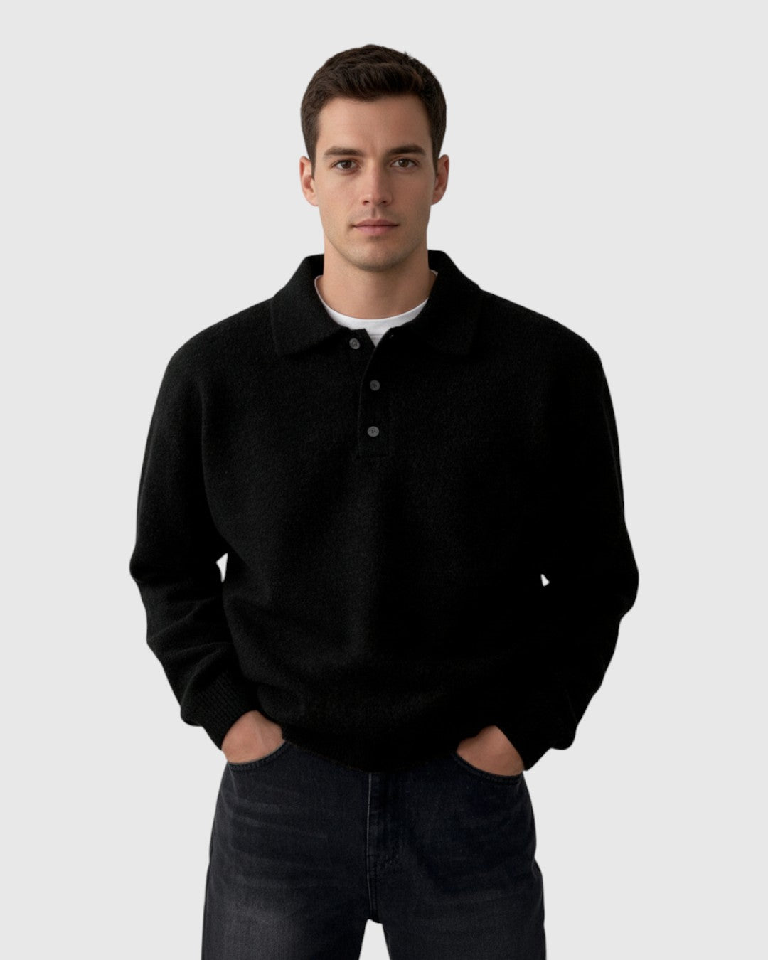 Jersey Polo de Punto de Hombros Caídos para Hombre – Negro