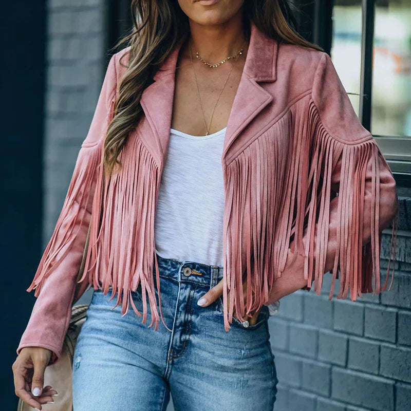 Suede Fringe Cropped Jacket – Effortless Boho-Chic with Luxe Fringe Detailing