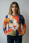 Women's Artistic Cat Patchwork 3D Print Sweater - DUUWE