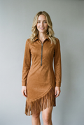 Women's Suede midi dress with long sleeves and irregular fringes