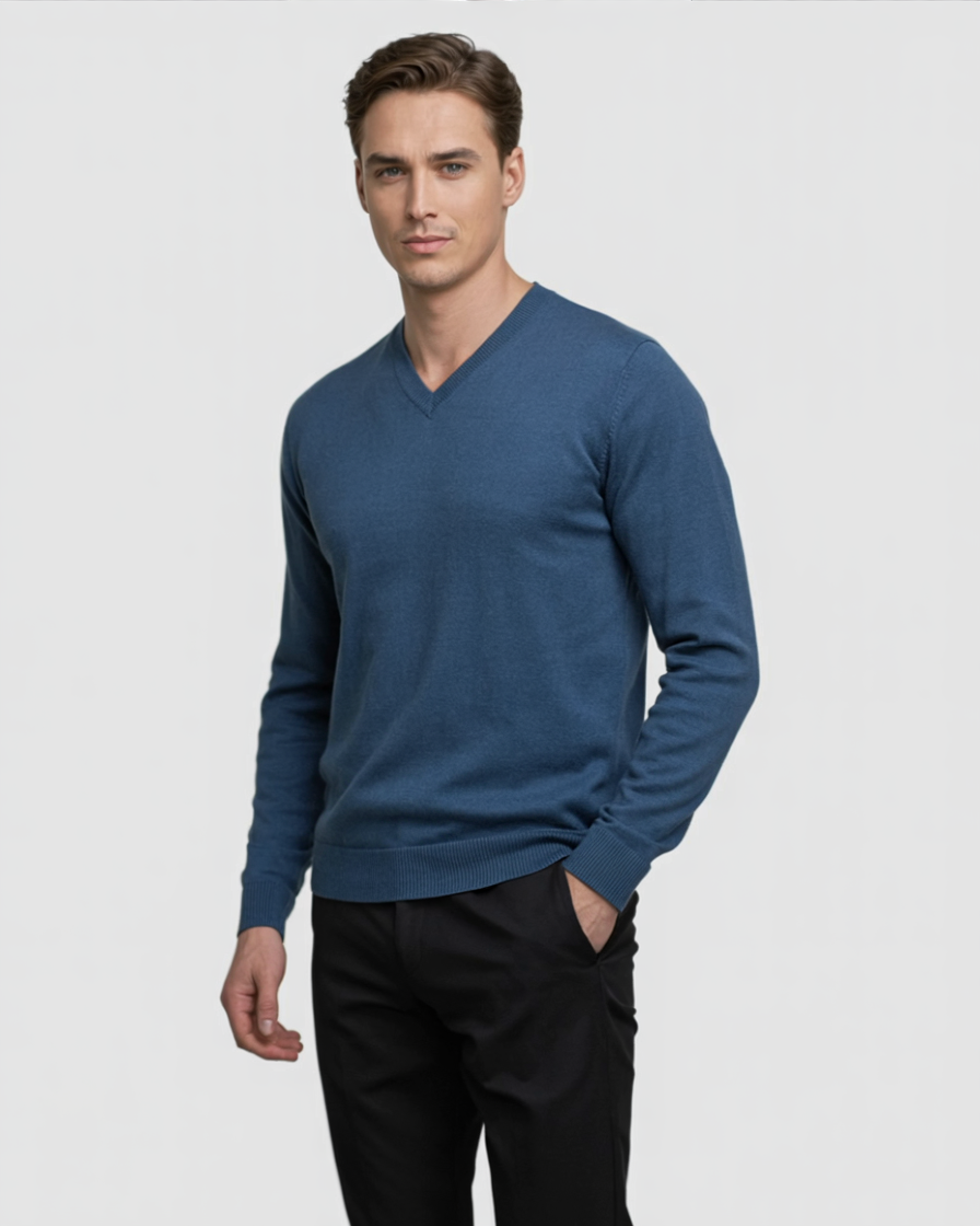 Jersey azul de algodón con cuello en v para hombre