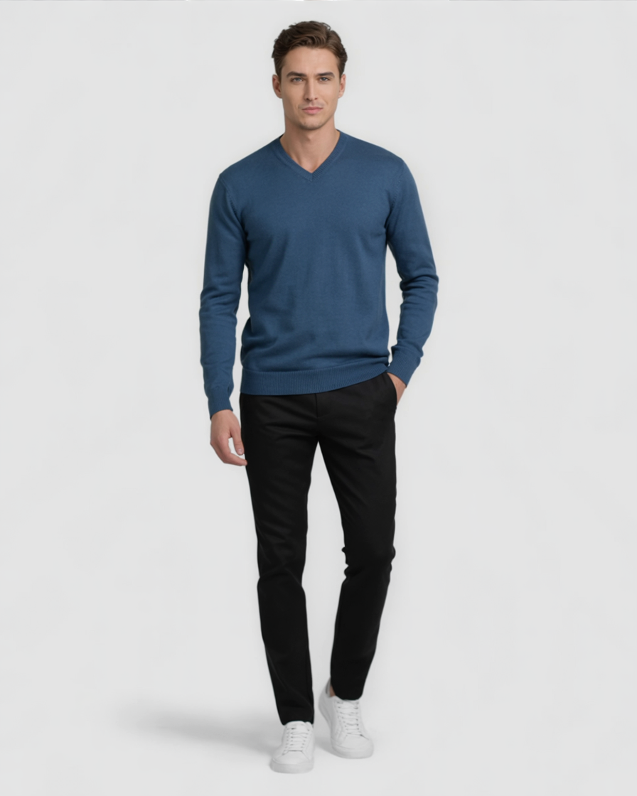 Jersey azul de algodón con cuello en v para hombre