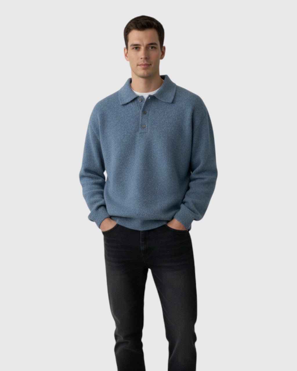Jersey polo de punto con hombros caídos para hombre – azul empolvado