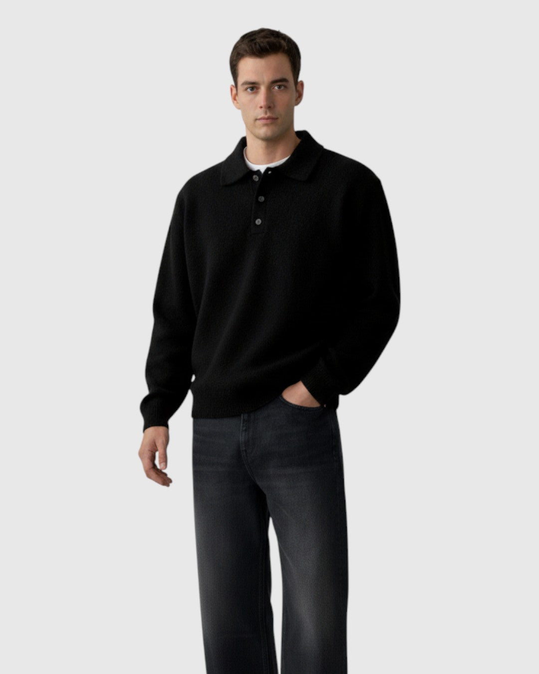 Jersey polo de punto de hombros caídos para hombre – negro