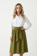 Women's Effortless Boho-Chic Black Blouse & Olive Satin Midi Skirt Set