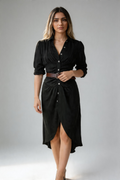 Women's Pleated Maxi Dress with Lapel Collar and Short Sleeves