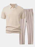 Men's Wave Knit V-Neck Polo Shirt and Slim-Fit Tapered Trousers Set
