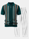 Men's Striped Knit Zip-Up Polo Shirt with Straight-Leg Ribbed Pants