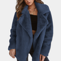 Women's Blue Teddy Coat - Soft Fleece Lapel Cozy Winter Jacket