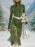 Women's Elegant green faux suede dress with high collar, zipper