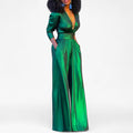 Women's Emerald Green Metallic Jumpsuit with Dramatic Wide-Leg Pants