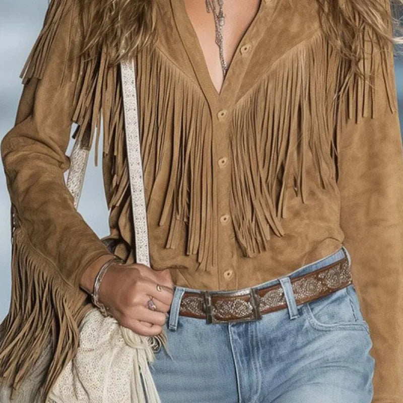 Boho Tassel Shirt Jacket — Effortless Bohemian Style Polyester Red | DUUWE