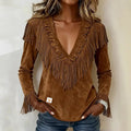 Women's Suede Fringe V-Neck Top - Soft, Luxurious & Chic