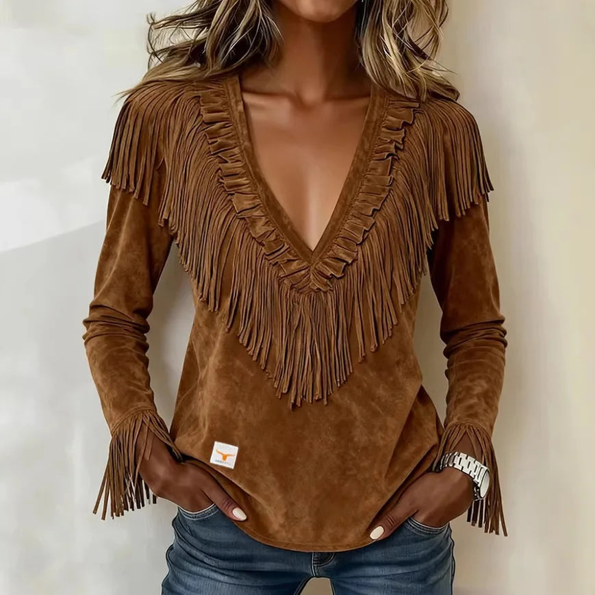 Suede Fringe V-Neck Top - Soft, Luxurious & Chic