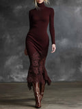 Women's Elegant long lace dress with high collar and lace hem