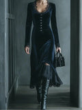 Women's Velvet Midi Dress with V-Neckline and Lace Trim for an