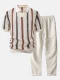 Men's Striped V-Neck Polo & Straight-Leg Pants Set