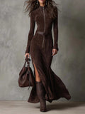 Women's Elegant Vintage Brown Zipper Belted Maxi Dress with