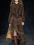 Women's Vintage Dark Midi Dress in Faux Suede with Double Layer