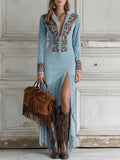 Women's Elegant Western Half-Zip Faux Suede Maxi Dress with