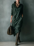 Women's Casual Green Long Swedish Midi Dress with Turn-down Collar
