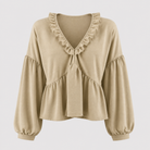 Women > Blouses : Women's Airy Vintage-Inspired Bohemian Blouse with Soft Ruffle Details in Khaki van DUUWE